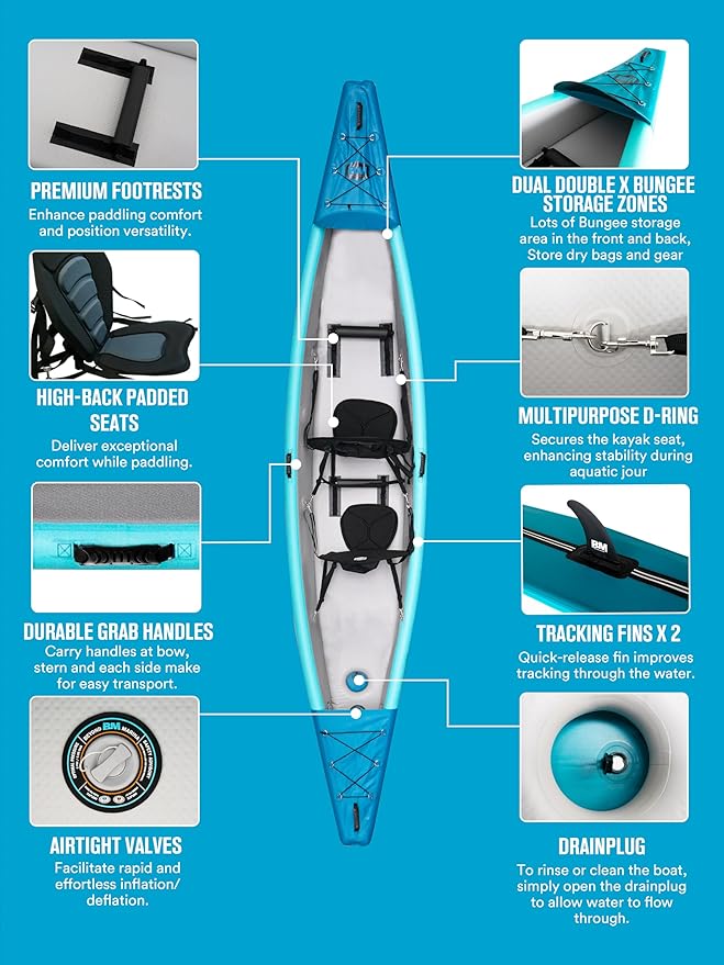 BEYOND MARINA Inflatable Kayak 1 & 2 & 3 Person Adult- Full Drop Stitch Kayak with Aluminum Paddles, Seats, Footrests, Pump, Fins