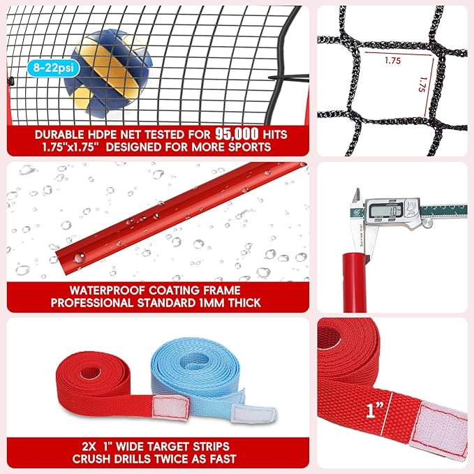Volleyball Rebounder Net 7x4 Ft, 5-Angle Adjustable Rebounder Net for Practicing Digging, Setting, Spiking, Bounce Back Training Equipment with 2 Target Stripes & Portable Travel Bag for Storage