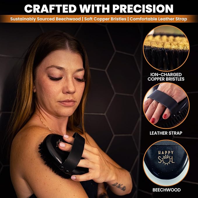 Copper Body Brush - Dry Brushing Body Brush with Ion Charged Copper Bristles, Glowing Skin, Lymphatic Drainage and Blood Circulation Improvement