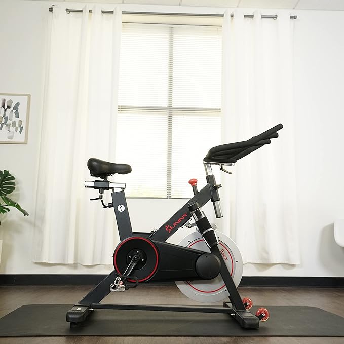 Sunny Health & Fitness Magnetic Exercise Bike, 44LB Flywheel & 300LB Weight Capacity for Intensive Home Workout, Indoor Cardio Training w/4-Way Adjustable Seat, Optional Free SunnyFit App Connection