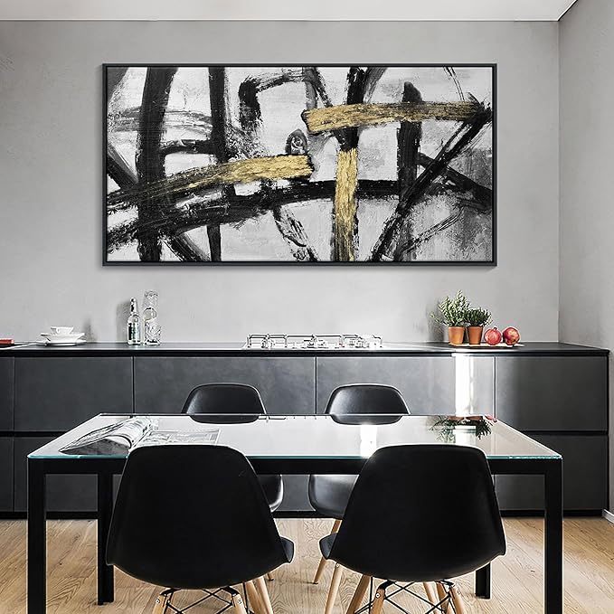 CHATYOUNG Wall Art Modern Abstract Paintings - Large Golden Thread Canvas Prints Black White and Gold Interweaving Wall Pictures Prefer for Bedroom Living Room Office Decor,Framed, 29 x 58 In