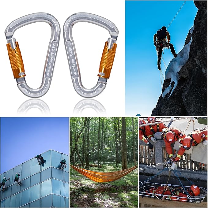 Auto Locking Rock Climbing Carabiner Clips, Heavy Duty Asymmetrical Carabiner Connector Used for Rappelling Rescue Outdoor Climbing, Mountaineer, Hammock, Camping
