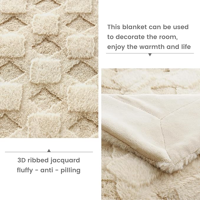 Cozy Bliss Faux Fur Throw Blanket for Couch - Soft Checkered Fuzzy Cozy Throw Gift Blankets for Women,Beige Boho Blanket for Sofa Bedroom Living Room.50 * 60 Inches