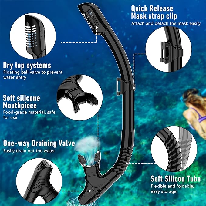 Snorkeling Gear, Dry Snorkel Set180° Panoramic Wide View,Anti-Fog Scuba Diving Mask, Professional Snorkeling Gear for Free Breathing, Swimming, Diving