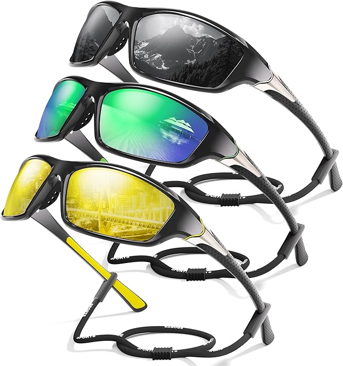 3 Pack Polarized Sports Sunglasses for Men, Mens Sunglasses Wrap Around UV400 Protection for Cycling Fishing Driving