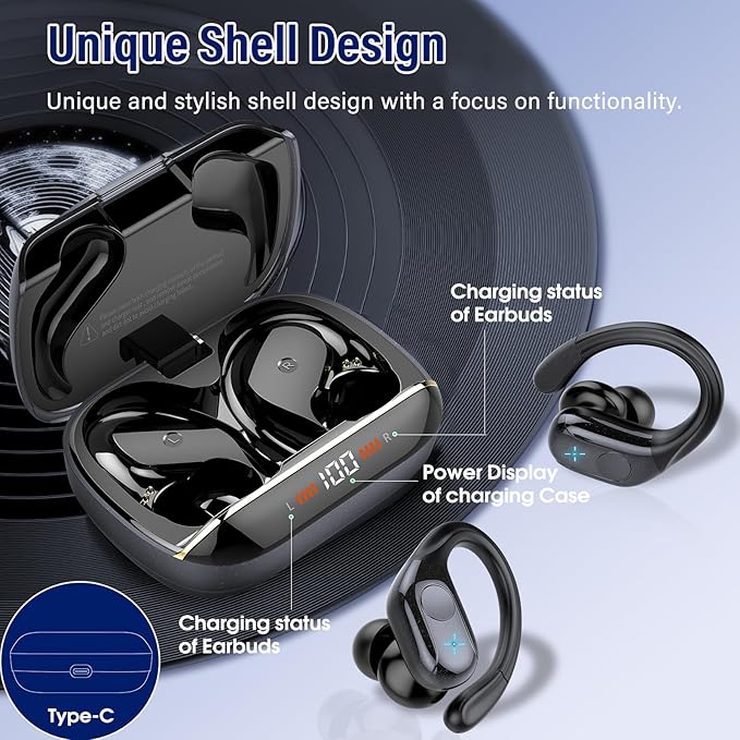 Wireless Earbuds Bluetooth 5.4 Headphones Sports, 75H Stereo Deep Bass Over Ear Buds with Earhooks, Bluetooth Earbuds with 4 ENC Mic, LED Display, IP7 Waterproof Earphone for Running, Black