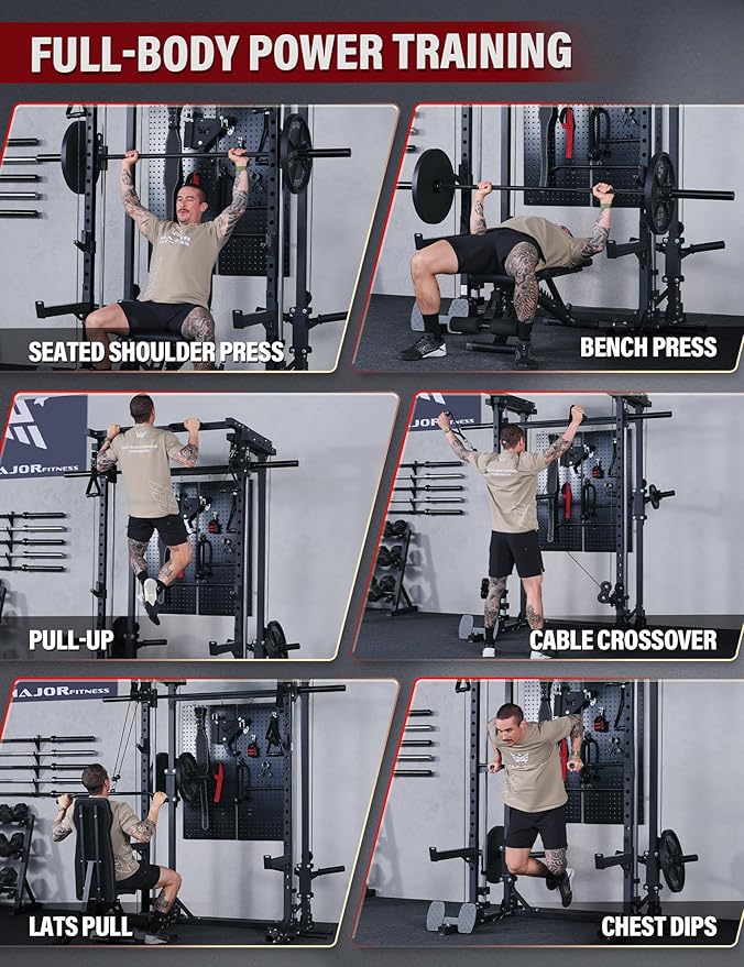 MAJOR FITNESS Drone3 Smith Machine, All-in-One Home Gym Power Rack with Cable Crossover, Pull-Up Bars, T-Bar & Squat Station, Heavy-Duty Full-Body Workout for Strength Training