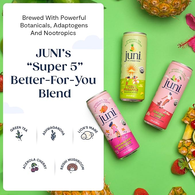 Juni Sparkling Adaptogen Drink with Ashwagandha, Lion’s Mane & Reishi Mushrooms | Green Tea for Focus, Zero Sugar, 5 Calories | Decaffeinated, Non Alcoholic Drinks - Strawberry Hibiscus 12 pack