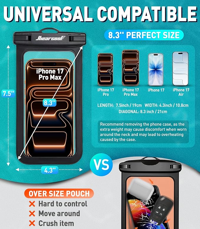 Hiearcool Waterproof Pouch for iPhone, Waterproof Phone Bag Travel Essentials Cruise Accessories Must Haves-4Pack Black