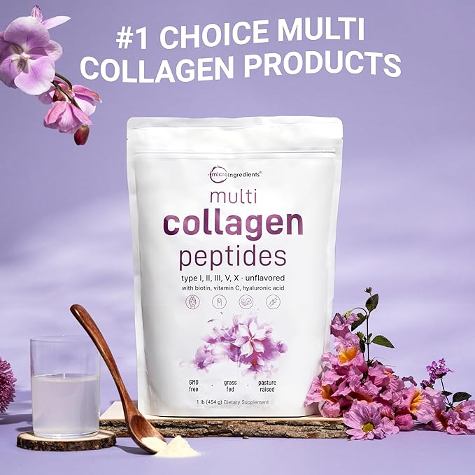 Micro Ingredients Multi Collagen Peptides Powder, 16oz | Type I, II, III, V, X + Biotin, Vitamin C & Hyaluronic Acid | Unflavored | Supports Hair, Skin & Joint Health | Keto, Non-GMO