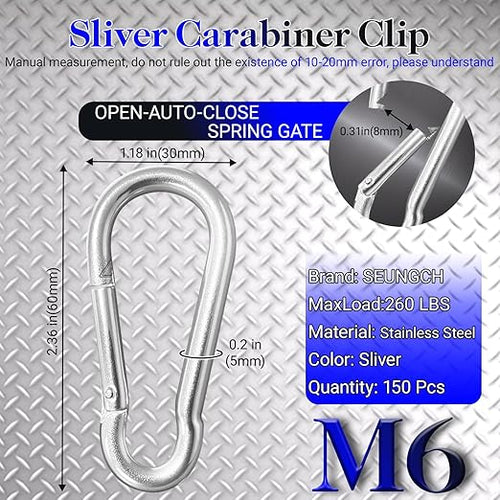 150 Pcs 2.36" M6 Spring Snap Hook Carabiners - Heavy Duty Galvanized Steel Keychain Clips for Hammock, Swing, Camping, Hiking & Outdoor Gear (Sliver)