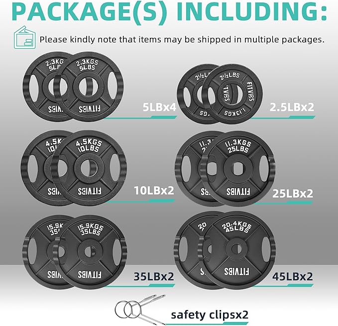 Olympic Cast Iron 2-Inch Weight Plates for Strength Training & Weightlifting, 255 Pounds Set, Multiple Packages