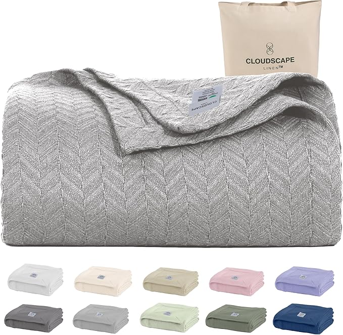 Cloud Scape Linen Herringbone Cotton Throw Blanket for Couch, Bed, Home Decor, Soft, Lightweight, All-Season Travel Blanket, 50 x 70, Light Grey