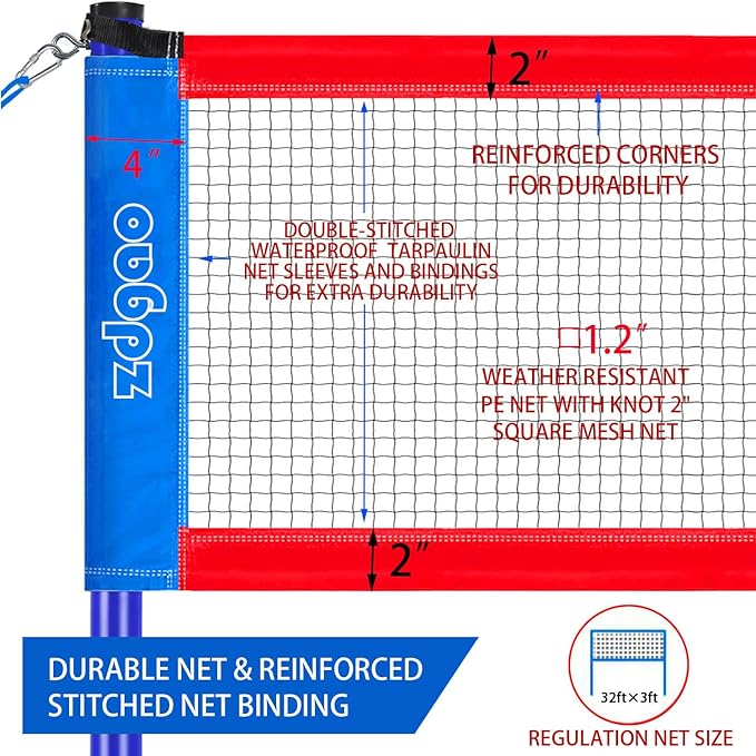 Badminton & Volleyball Combo Set- 32FT Adjustable Professional Volleyball Net for Lawn, Backyard, Easy Set up Volley ball Set with Volley ball,Badminton Racquets,Carry Bag,Boundary Line for Family Fun
