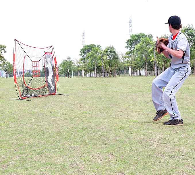 7'X7' Baseball Softball Practice Net,Pitching Net,Batting Net,with Baseball Tee,Bonus Strike Zone and Bow Frame,for Hitting,Pitching, Catching