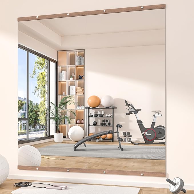 Hasipu 2Pcs 48''x24'' Home Gym Mirror Large Full Length Wall Mounted Full Body Mirror for Yoga Dance Fitness Exercise Studio Bedroom Garage, Frameless Tempered Glass Workout Mirrors Walnut Rectangular