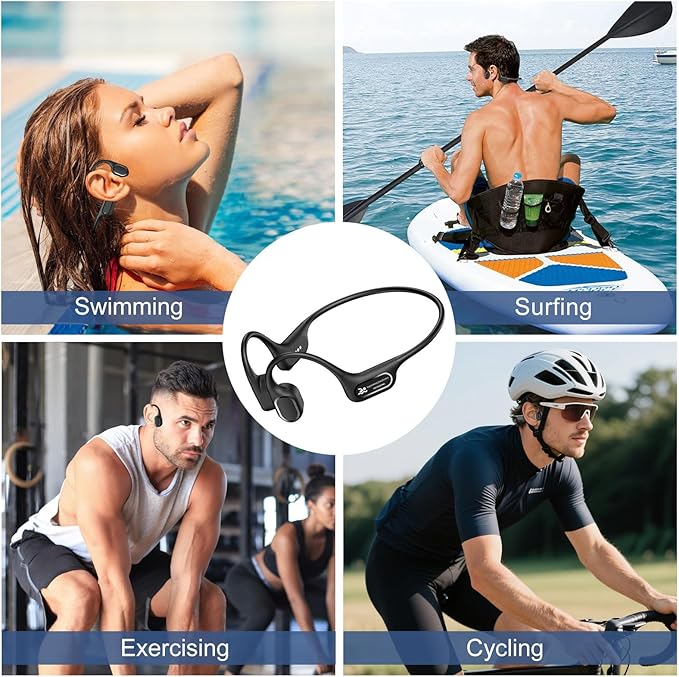 Bone Conduction Bluetooth Headphones-SurfAudio, IP68 Waterproof Swimming Headphones with 32GB MP3 Player, Lightweight Open Ear Design for Swimming/Surfing/Marathon/Cycling(Black)