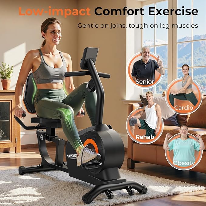YOSUDA Recumbent Exercise Bike for Home，Magnetic Staionary Bike for Seniors/Adults with Adjustable Seat, 350LB Capacity, 16-level Resistance, LCD Monitor & Pulse Sensors