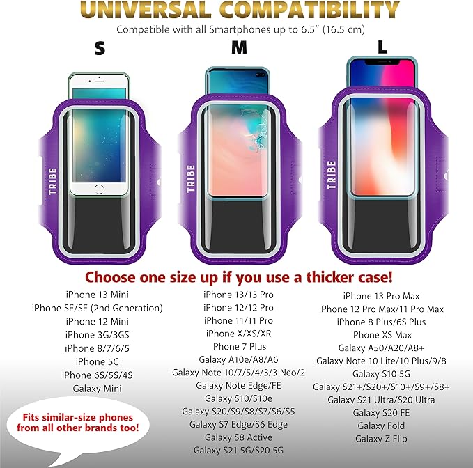 TRIBE Water Resistant Cell Phone Armband Case Running Holder for iPhone Pro Max Plus Mini SE (13/12/11/X/XS/XR/8/7/6/5) Galaxy S Ultra Plus Edge Note (21/20/10/9/8/7/6/5) Adjustable Strap & Key Pocket