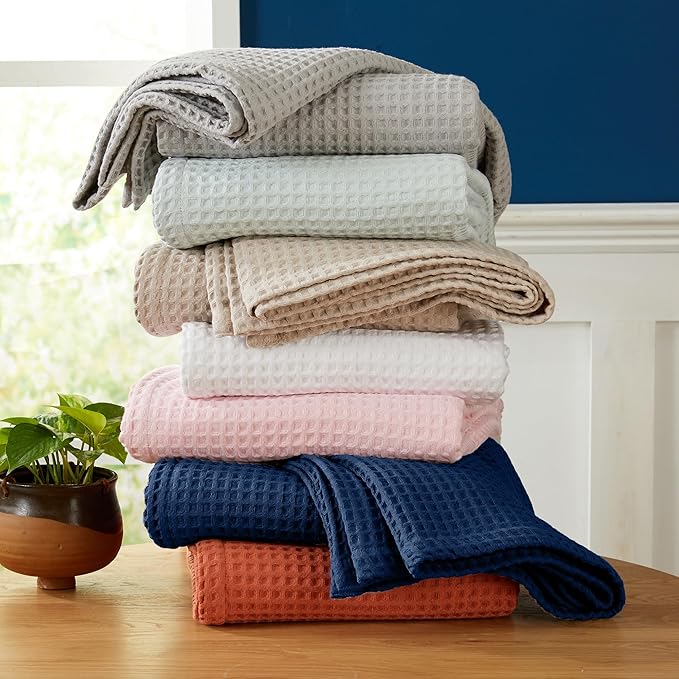 100% Cotton Waffle Weave Queen Bed Blanket | Soft, Breathable, and Lightweight Blanket for All-Seasons | Perfect for Layering | Brielle Collection (Full/Queen, Sky Blue)
