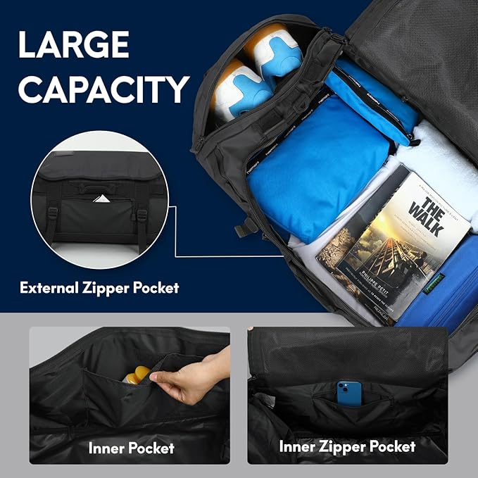 Haimont Duffle Backpack for Men Women, Convertible Travel Duffel Bag Backpack with Shoes Compartment, Heavy Duty Weekender Bags for Sports Gym, Traveling, Camping, Water-resistant, 60L, Black