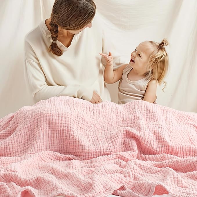Carriediosa 100% Cotton Muslin Throw Blanket 90" X 90" Queen Size，4-Layers Summer Gauze Throws for Bed Couch，Soft Lightweight Breathable Linen Blankets Bedspread for Adults All Season，Dusty Pink