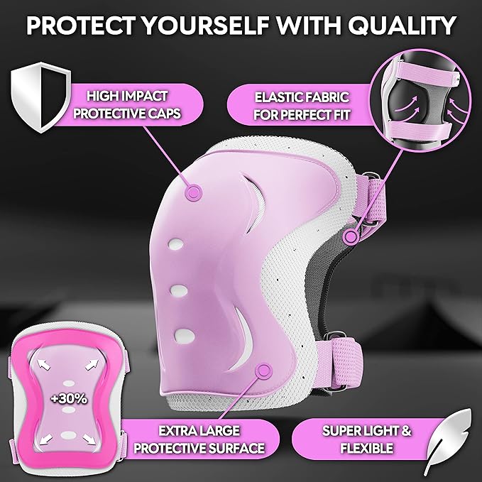 SKATEWIZ Skating Protective Gear Adults & Kids [6pc] incl. Knee Pads, Elbow Pads Wrist Guards for Roller Skating & Skateboarding