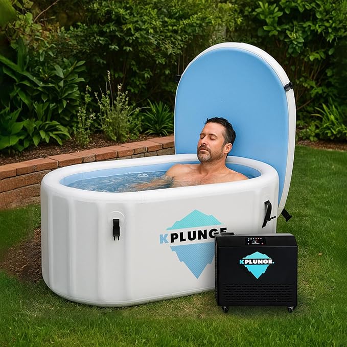 Kodiak 59" 1-Person Inflatable Cold Plunge Ice Bath or Hot Tub with 1 HP Chiller and Heater, PVC Insulated Lid, Hand Pump, Repair Kit, 110-Gallon Capacity, Indoor/Outdoor Tub – Gray