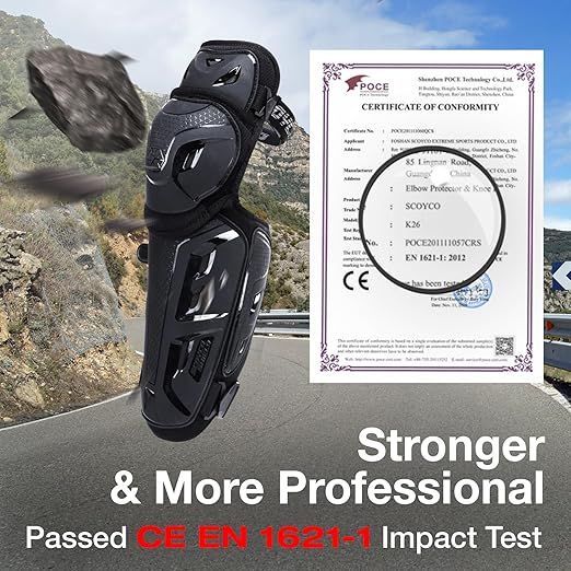 Scoyco Motorcycle Knee Shin Guards for Men - CE Level 1 Motocross Knee Pads Protective Gear with 45°-180° Knee Flexibility Design and Adjustable Elastic Band