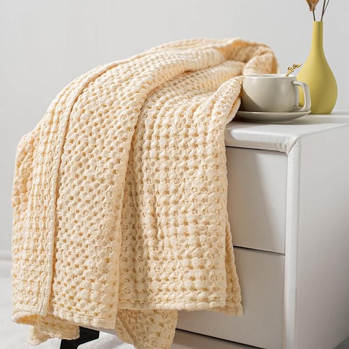 Carriediosa 100% Cotton Waffle Weave Blanket 400GSM Breathable Thermal Blankets for Bed Couch Sofa Soft and Cozy Throws for All Season Home Decor, 50"X 60" Light Yellow