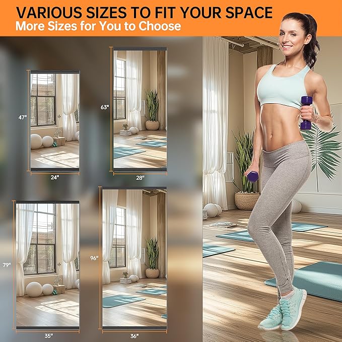 Hasipu 48''x30'' Home Gym Mirror Large Full Length Wall Mounted Full Body Mirror for Yoga Dance Fitness Exercise Studio Bedroom Garage, Frameless Tempered Glass Workout Mirrors Black Rectangular