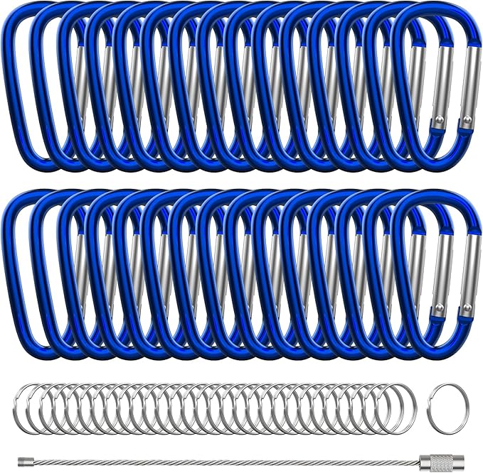 30PCS Aluminum Carabiner Clips, 2" D Shape Spring Snap Hooks Carabiner with 30PCS Keyring Keychain Hook