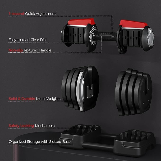 Yaheetech Adjustable Dumbbell Set Free Weight Dumbbells 40lbs/52.5lbs/90lbs Fast Adjust Dumbbells Dumbbell Weight Set, with Tray for Men/Women Strength Training Equipment