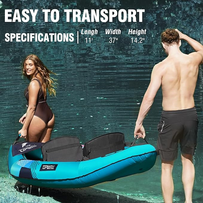 UPWELL 11'/14'6”Inflatable Kayak with Drop Stitch Floor and Accessories Including Kayak Seat with Thickened Cushion, Paddle, Fin, Repair Kits, Carry Bag and Hand Pump
