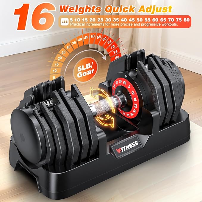 XDDIAS Adjustable Dumbbell Set of 2, 25/55/80LB Dumbbell Set-1Sec Adjustable Weights-5/10 in 1 Free Weights Dumbbells Set with Effortless Tray/No-Slip Handle-Compact Size for Women/Men at Home Gym
