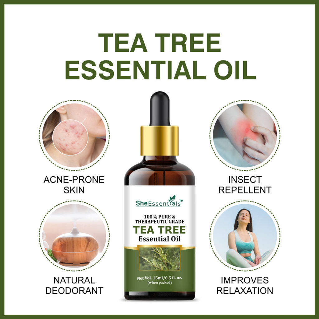 She Essentials Tea Tree Essential Oil For Active Acne & Pimples, Blemishes & Flakes, Organic & Pure