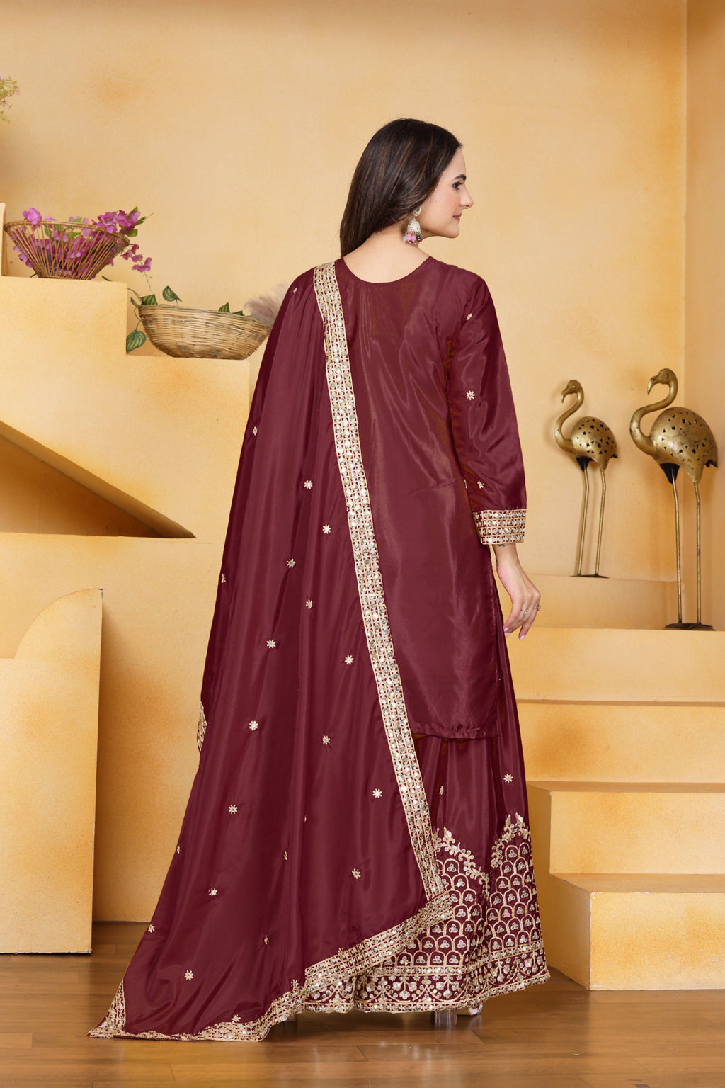 Lehenga Mart Designer Sharara Suit With Kurta, Sharara, Dupatta For Women-Maroon