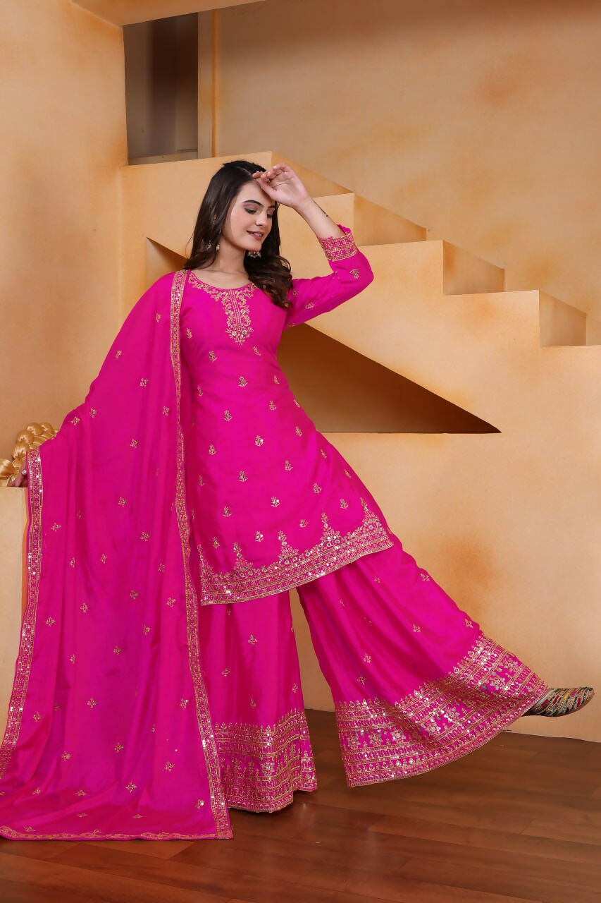 Teeya Creation Pink Color Chinon Silk Wedding Wear Trending Palazzo Set