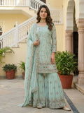 Teeya Creation Sky Faux Georgette Multi Thread Work Wedding Wear Sharara Set