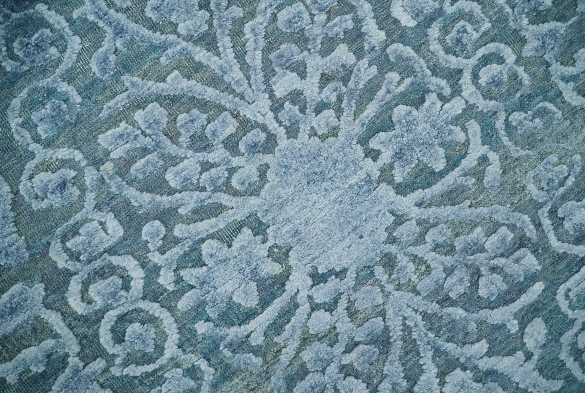 8x9.7 Blue Antique Style, Distressed Finish Hand Carved Traditional Medalian Hand Knotted Wool and Silk Rug