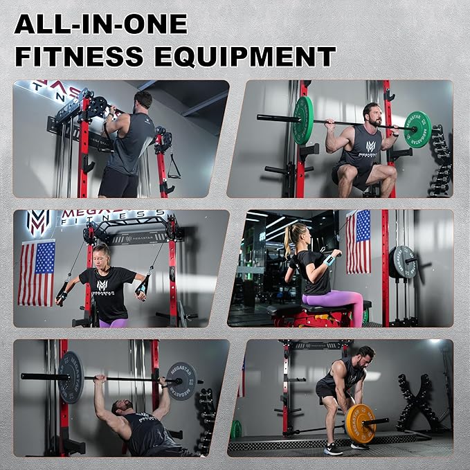 Wall Mounted Power Rack – 1600LB Capacity Compact Commercial Home Gym with Dual Cable Crossover, LAT Pulldown, Multi-Grip Pull-Up Bar & Landmine Attachment for Small Spaces, P67 Striker Red