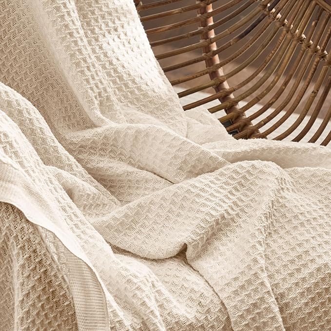 Bedsure 100% Cotton Blanket Queen Size for Bed - Breathable and Soft, Waffle Weave Blanket for Summer, Thick Cozy Fall Blankets for Women Gift, Yellowish Cream, 90x90 Inches