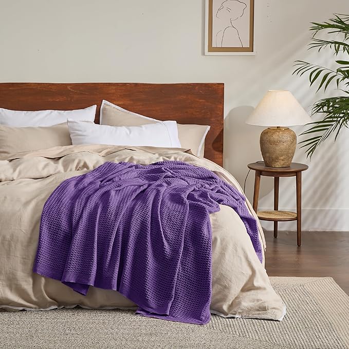 Bedsure 100% Cotton Blanket King Size for Bed - Breathable and Soft, Waffle Weave Blanket for Summer, Thick Cozy Fall Blankets for Women Gift, Purple, 104x90 inches