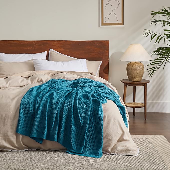 Bedsure 100% Cotton Blanket Queen Size for Bed - Breathable and Soft, Waffle Weave Blanket for Summer, Thick Cozy Fall Blankets for Women Gift, Teal, 90x90 Inches
