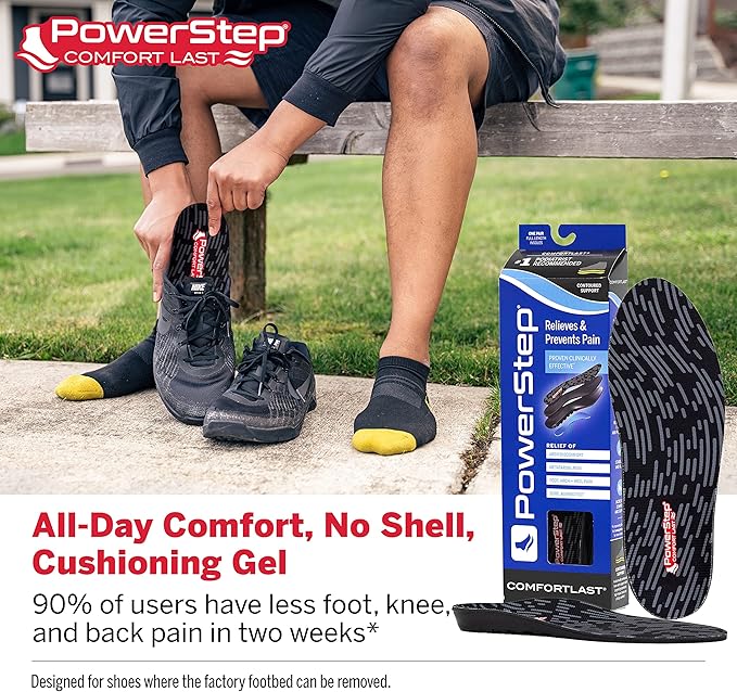 PowerStep Comfort Last Insoles, Cushioning Gel Insoles for Standing All Day, Supports Metatarsal Pain, Foot Arch, Heel Pain, All Day Comfort, Made in The USA (Men's 9-10.5 / Women's 11-12)