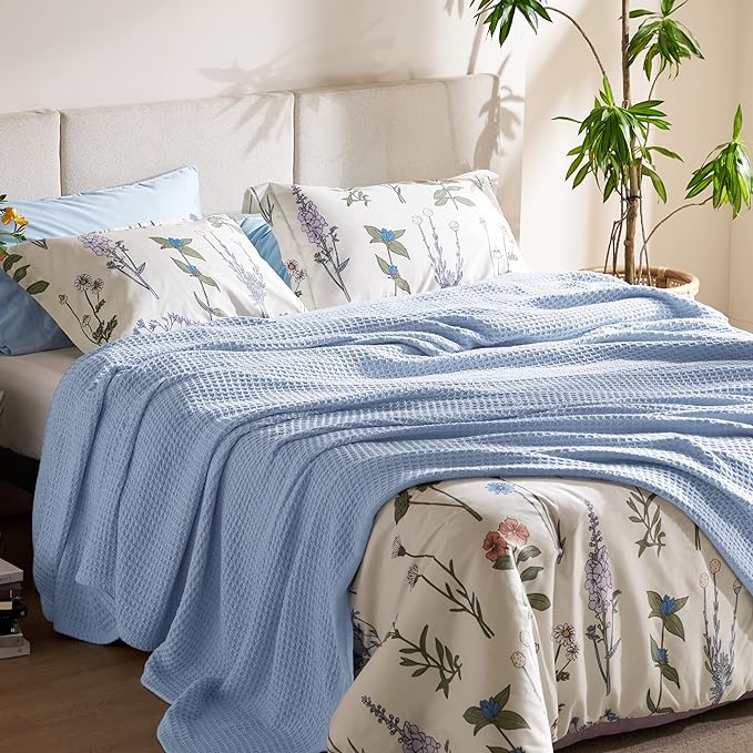 Bedsure 100% Cotton Blanket King Size for Bed - Breathable and Soft, Waffle Weave Blanket for Summer, Thick Cozy Fall Blankets for Women Gift, Sky Blue, 104x90 inches