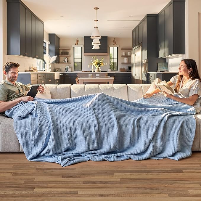 Bedsure 100% Cotton Large Throw Blanket for Couch 50x70 inches - Breathable and Soft, Waffle Weave Throw Blanket for Office, Sky Blue