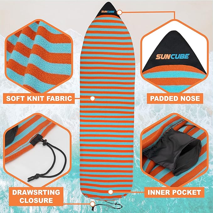 SUN CUBE Surfboard Sock Cover, Protective Surf Bag for Surfing Board, Light Stretchy Surfbag Sleeve for Longboard, Hybrid (8'6'', Black White)