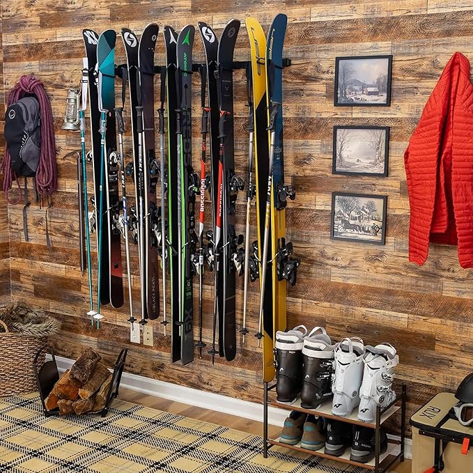 StoreYourBoard Lone Peak Ski Storage Rack, Wall Mount Organizer Holds 5 Pairs of Skis and Poles, Supports 300 lbs, 46 in x 8 in x 3.5 in