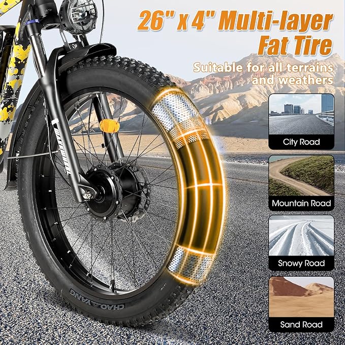 5000W 60V 26Ah Electric Bike for Adults, 60V Battery Ebike, 26"X4"Fat Tire,45MPH & 70 Miles Long Range,210Nm Mountain Bike Full Suspension, Hydraulic Brake Electric Bicycle,Rear Rack